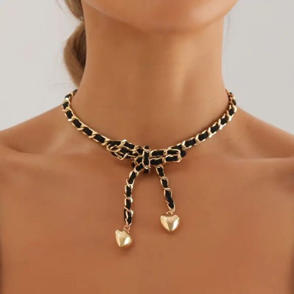 Chic, Elegant, Trendy Black & Gold Chain Bow w/ Heart Pendant Choker Necklace - Picture 1 of 8